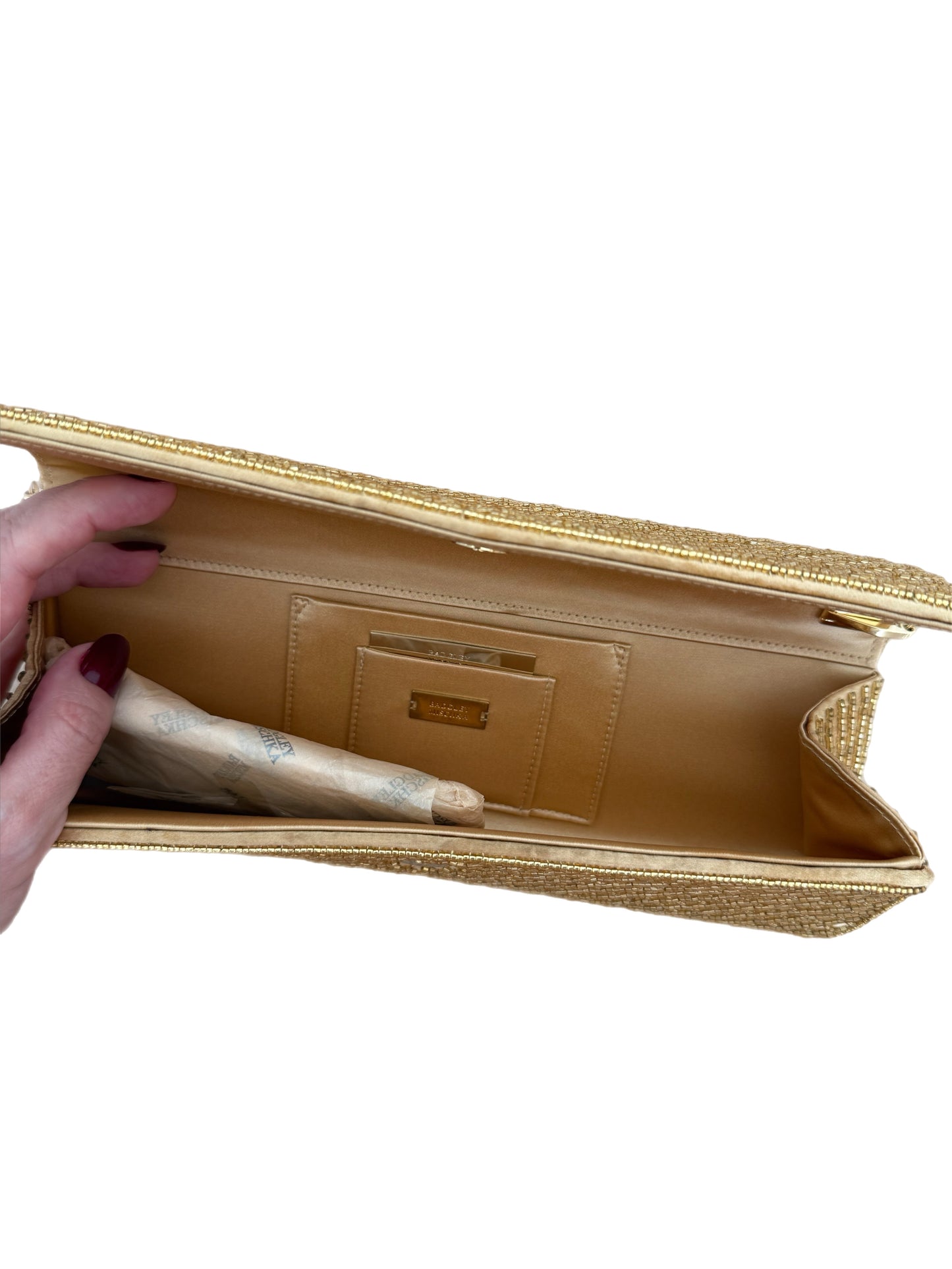 BADGLEY MISCHKA Gold Beaded Satin Envelope Evening Bag