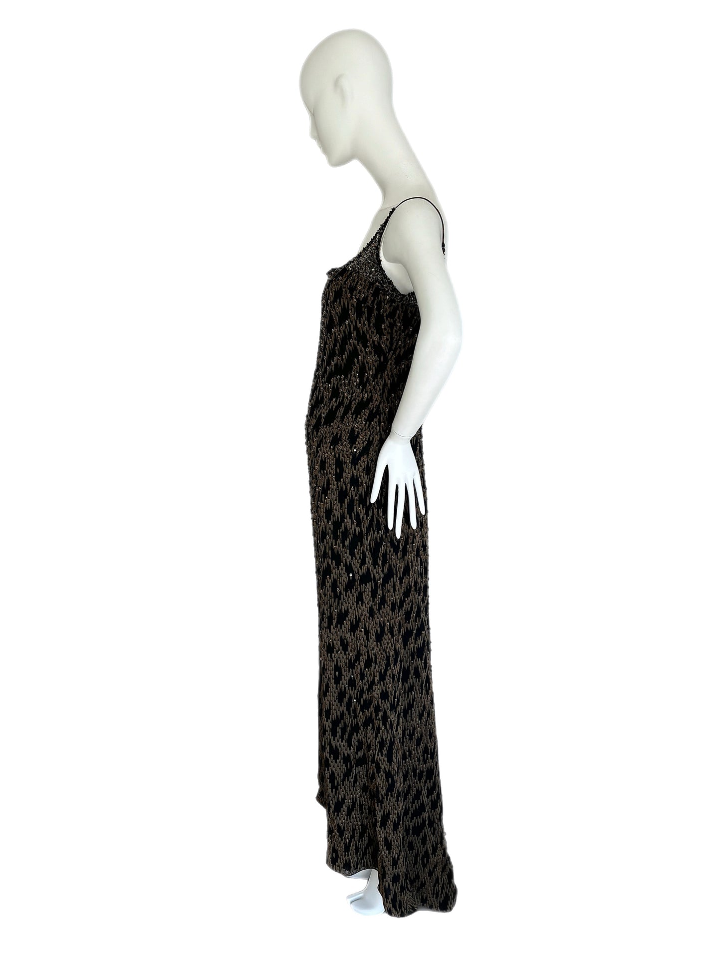 BADGLEY MISCHKA vintage black and gold embellished beaded evening gown maxi dress