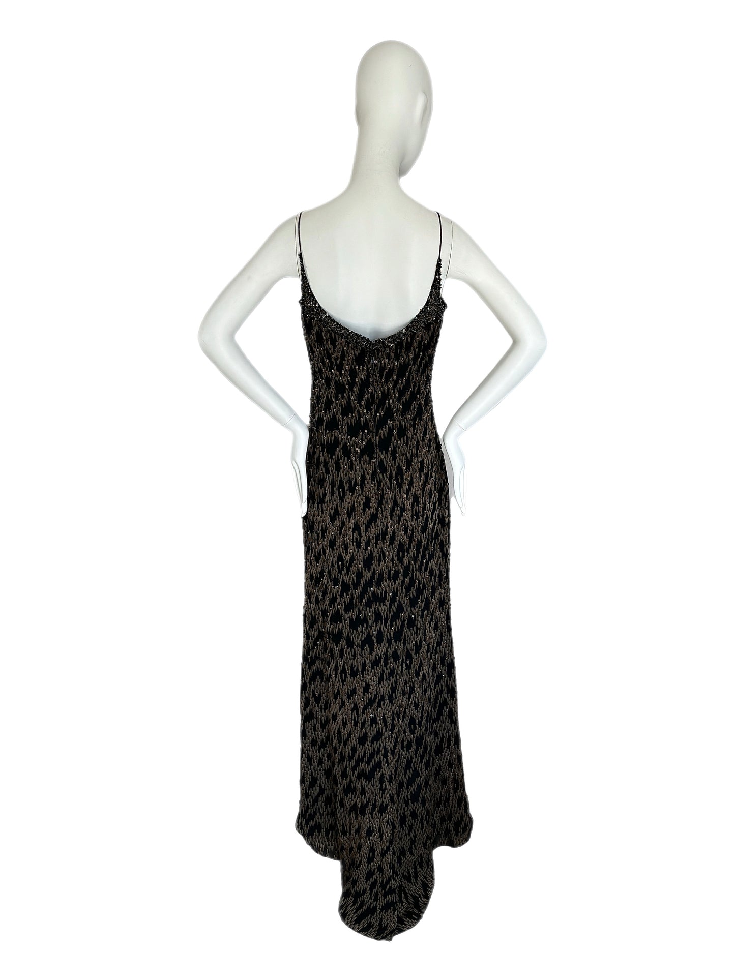 BADGLEY MISCHKA vintage black and gold embellished beaded evening gown maxi dress
