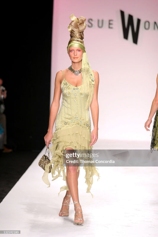 SUE WONG 2005 Vintage Chartreuse Silk Floral Beaded Ruffle Gown