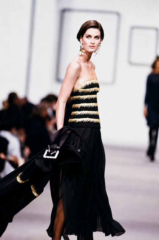 KARL LAGERFELD 1989 Vintage Runway Black + Gold Silk Beaded Corset Ensemble