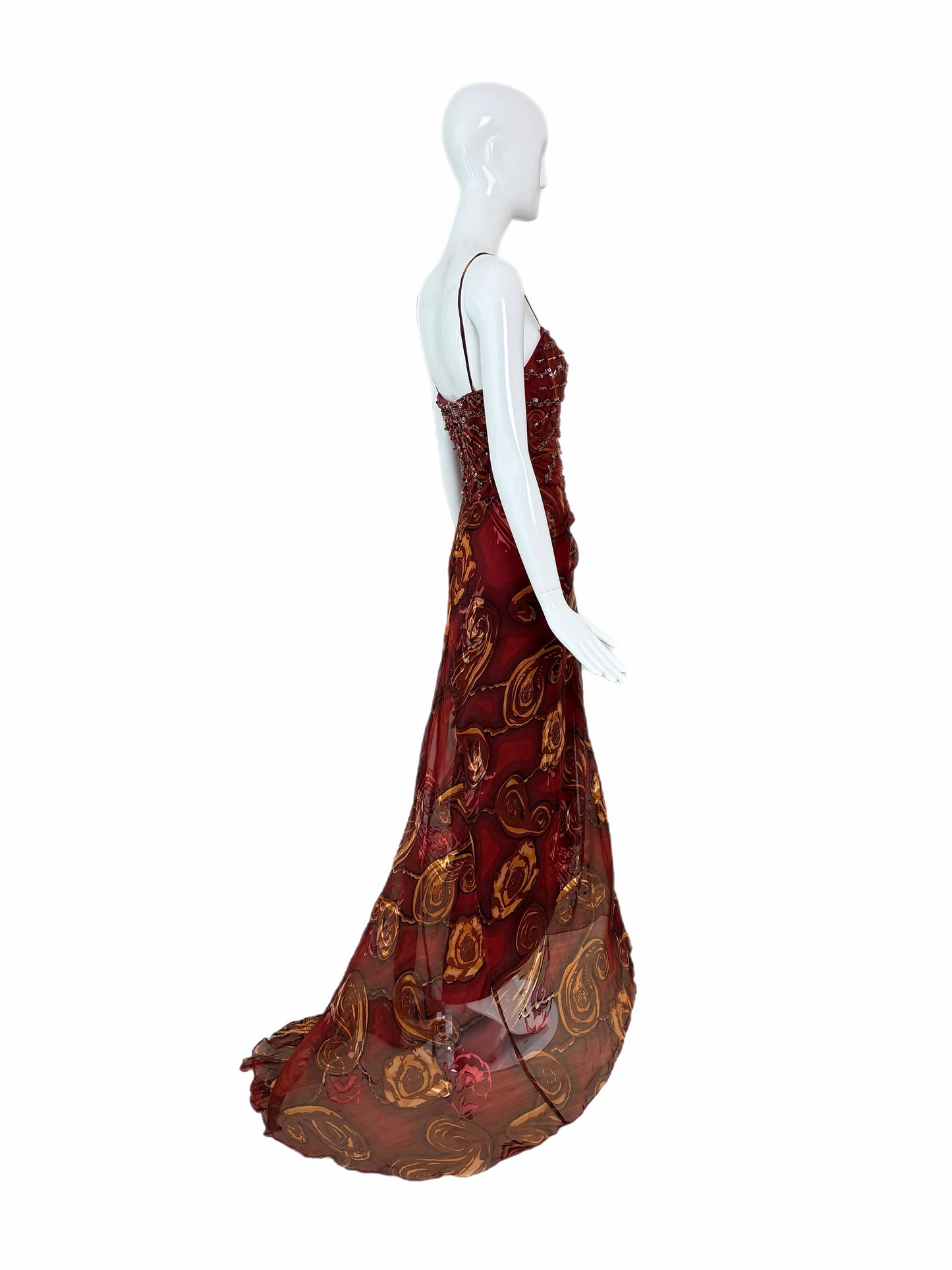 SUE WONG Vintage Silk Burgundy Embellished Evening Gown w. Train