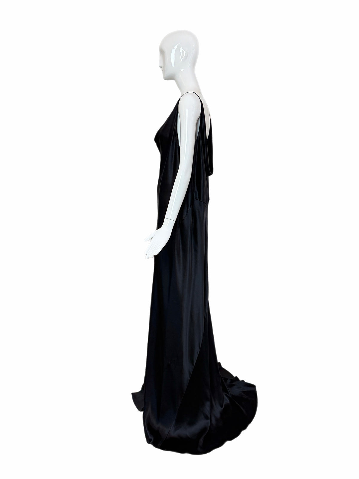 Les Habitudes 90's Vintage Black Liquid Satin Cowl Neck Evening Gown w. Train