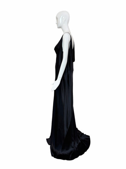Les Habitudes 90's Vintage Black Liquid Satin Cowl Neck Evening Gown w. Train