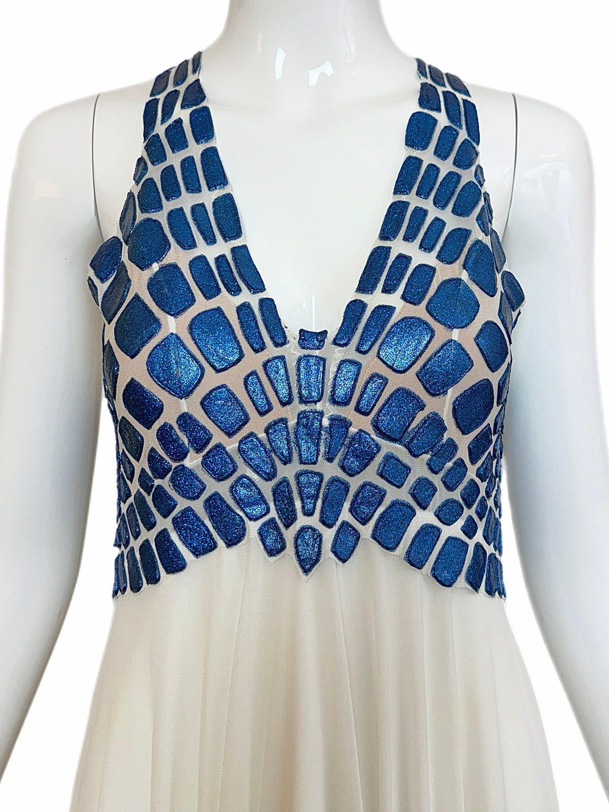 EMA SAVAHL COUTURE Custom Hand Painted Blue + Ivory Grecian Gown