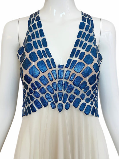 EMA SAVAHL COUTURE Custom Hand Painted Blue + Ivory Grecian Gown