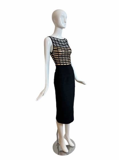 HERVE LEGER 1999 Vintage Runway Style Black + Nude Bodycon Dress