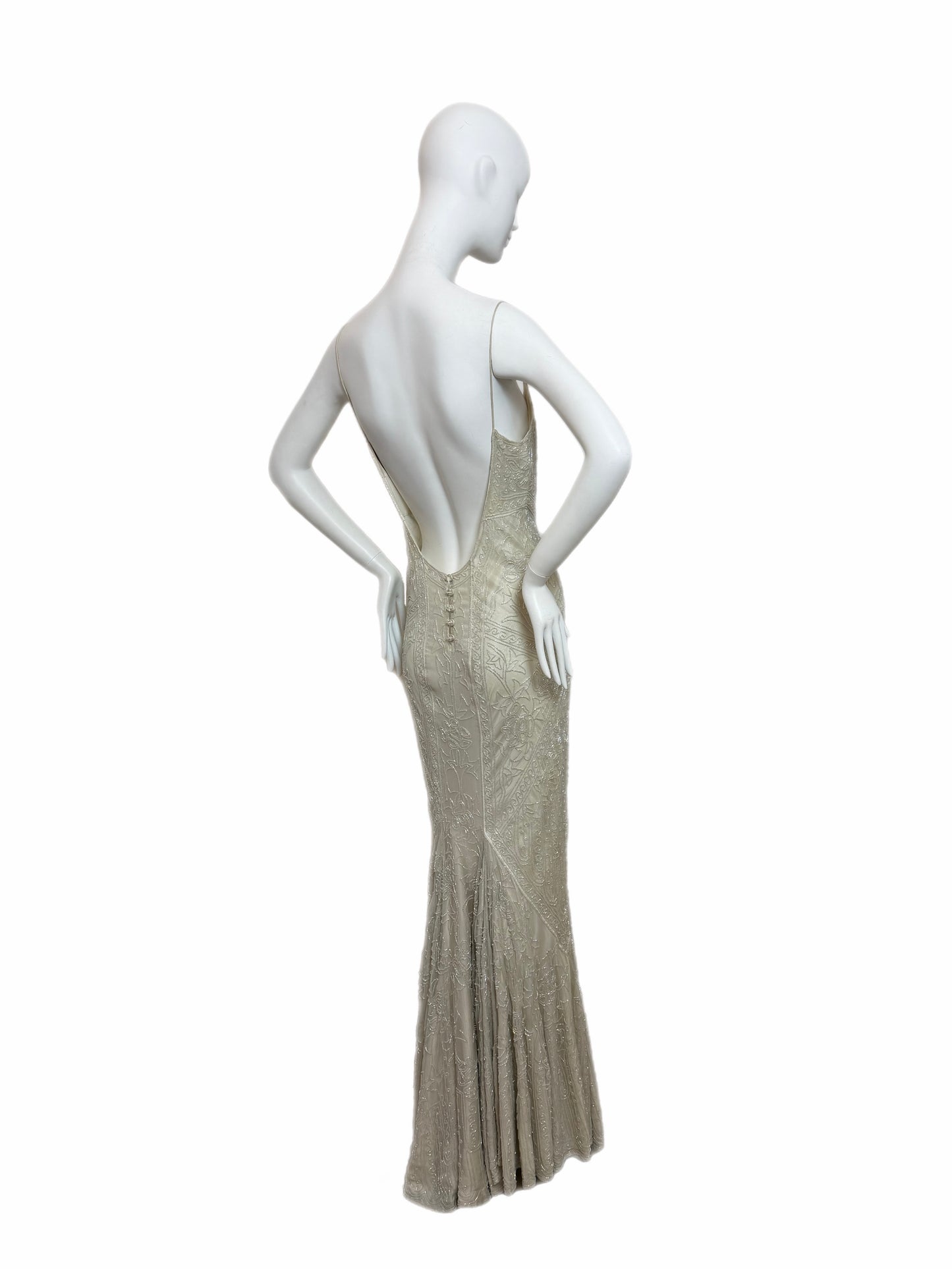 LES HABITUDES 90's Couture Vintage Iridescent Greige Silk Hand Beaded Bridal Gown