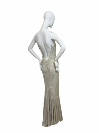 LES HABITUDES 90's Couture Vintage Iridescent Greige Silk Hand Beaded Bridal Gown