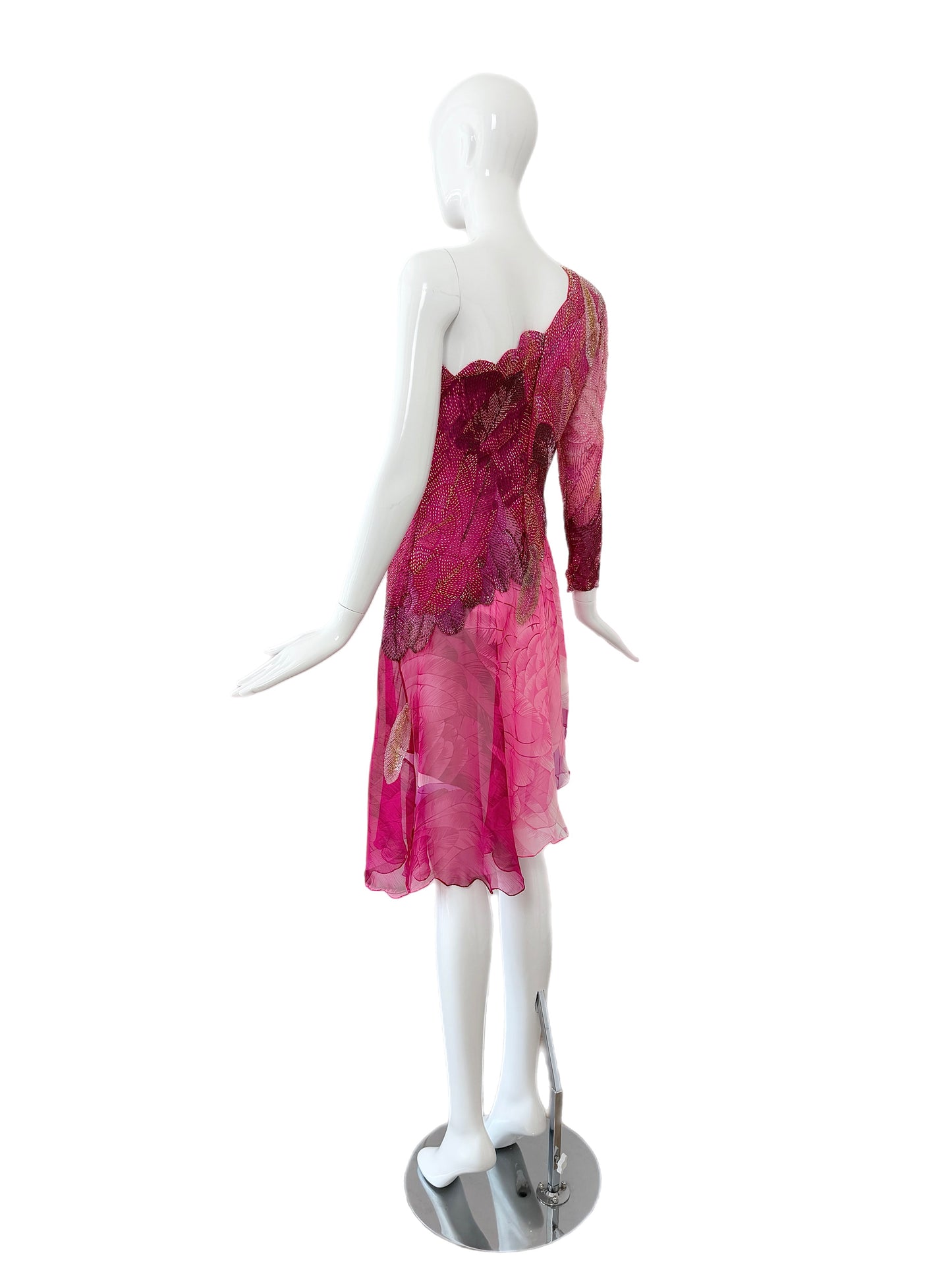 HANAE MORI Vintage Silk Hand Beaded One Shoulder Vibrant Cocktail Dress