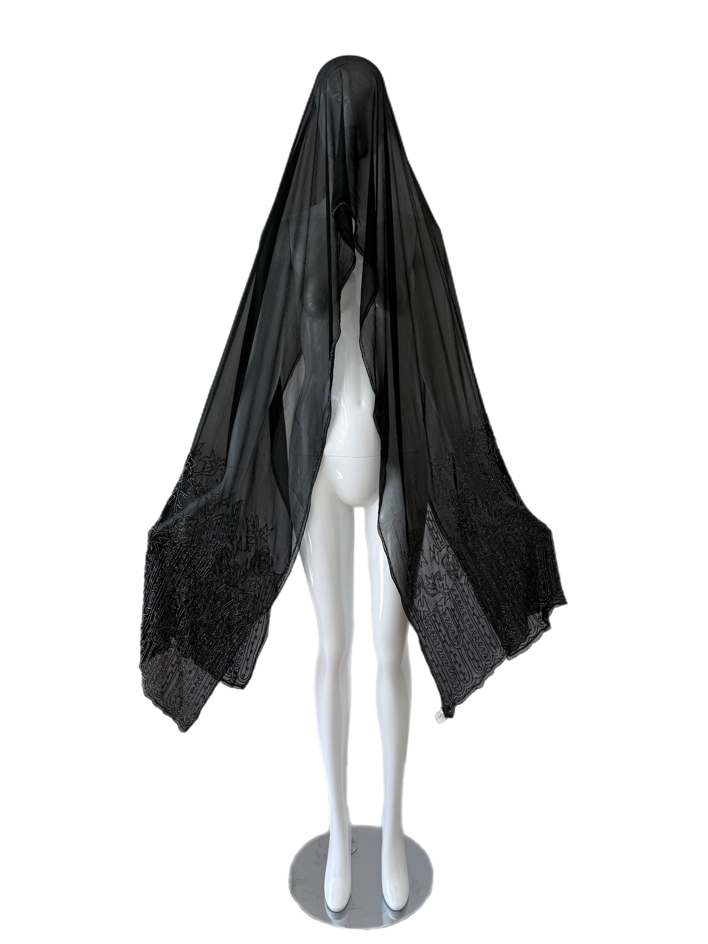 EAVIS & BROWN 90's Vintage Black Silk Hand-Beaded Oversized Shawl