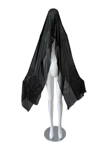 EAVIS & BROWN 90's Vintage Black Silk Hand-Beaded Oversized Shawl