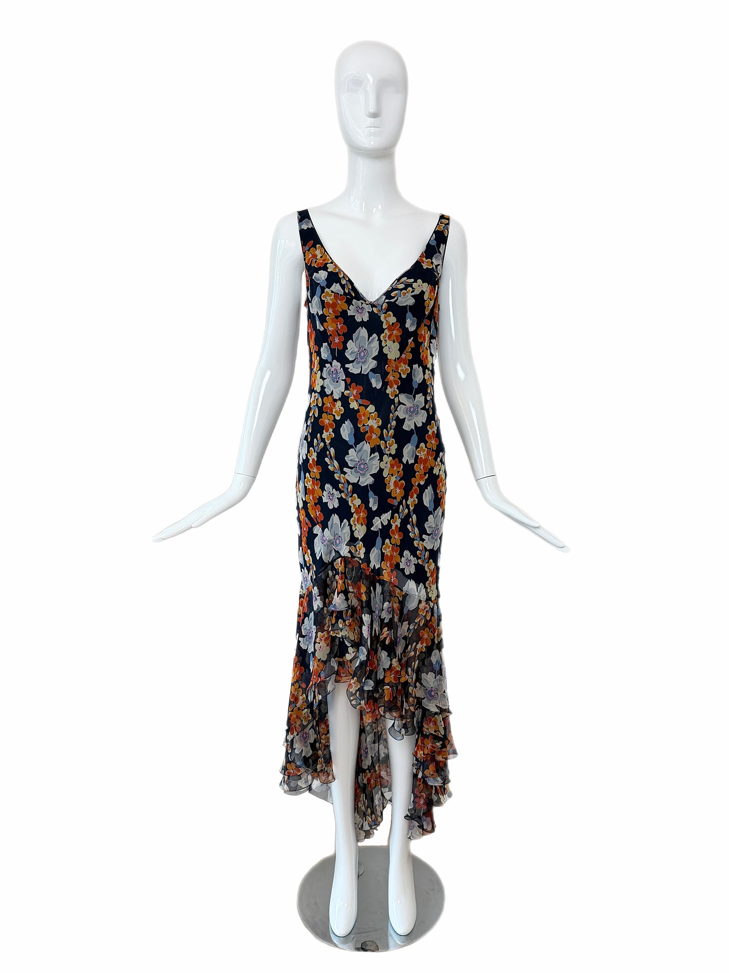 JOHN GALLIANO 2004 Vintage Silk Navy Floral Ruffle Maxi Dress