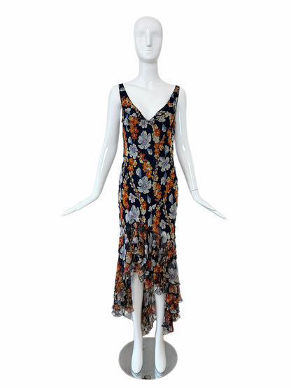 JOHN GALLIANO 2004 Vintage Silk Navy Floral Ruffle Maxi Dress