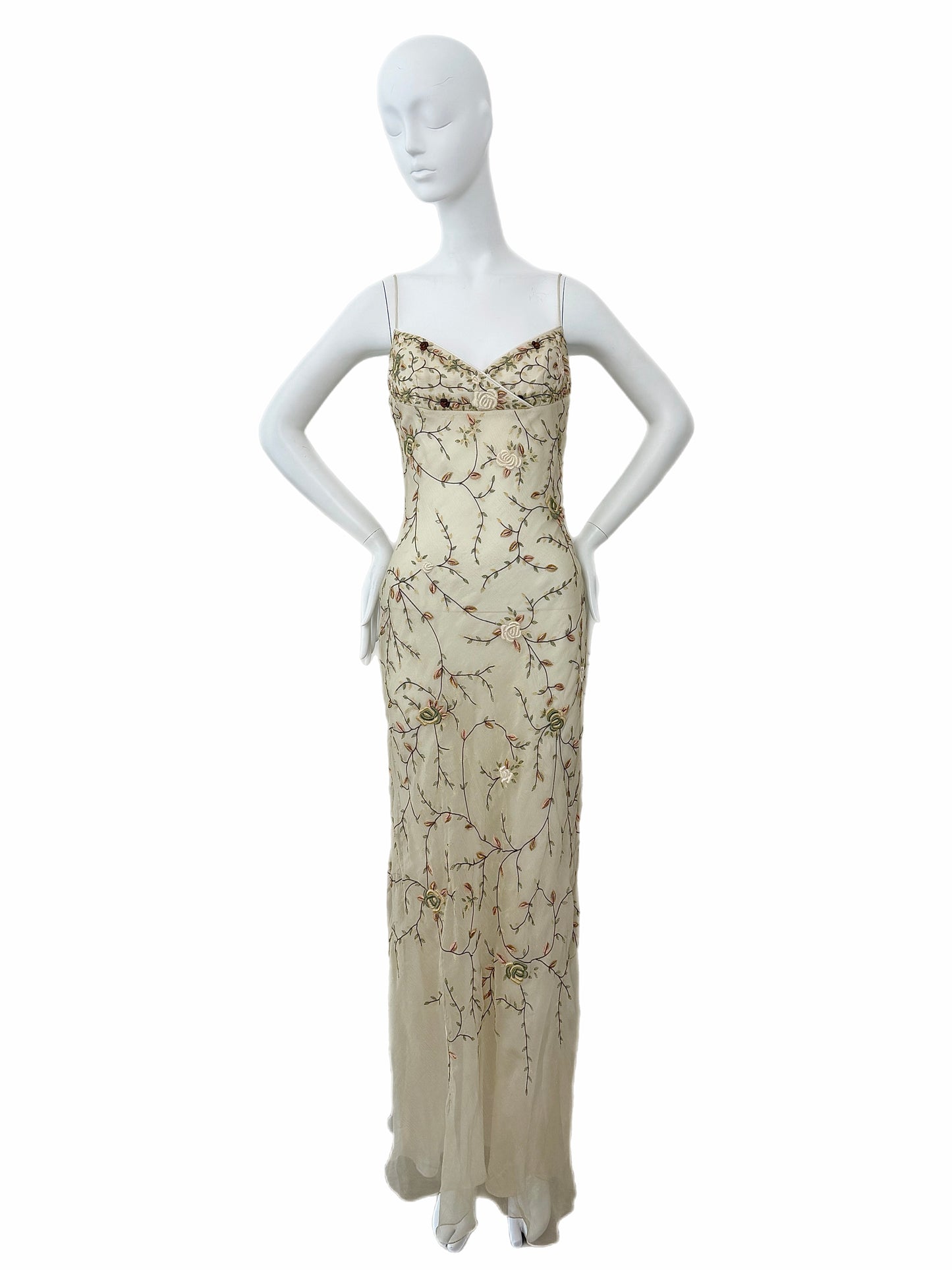 EAVIS & BROWN 90's Vintage Iridescent Beige Silk Embroidered Floral Gown