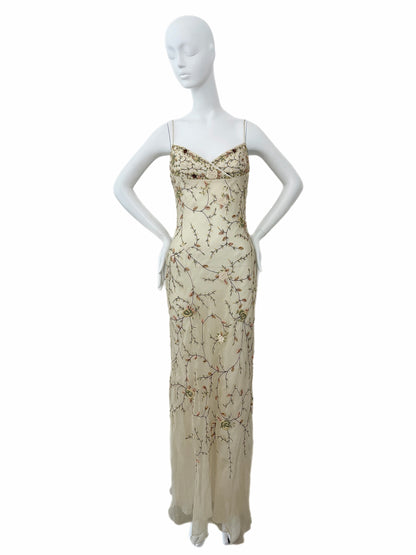 EAVIS & BROWN 90's Vintage Iridescent Beige Silk Embroidered Floral Gown