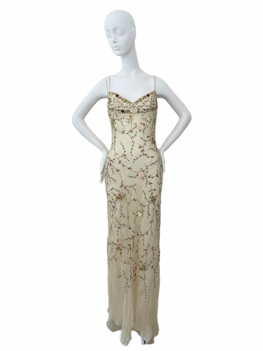 EAVIS & BROWN 90's Vintage Iridescent Beige Silk Embroidered Floral Gown