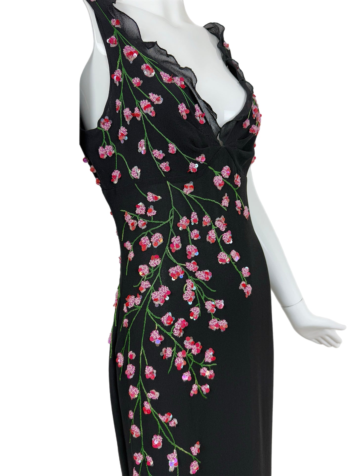 VALENTINO BOUTIQUE 90's Vintage Floral Beaded Black Silk Gown