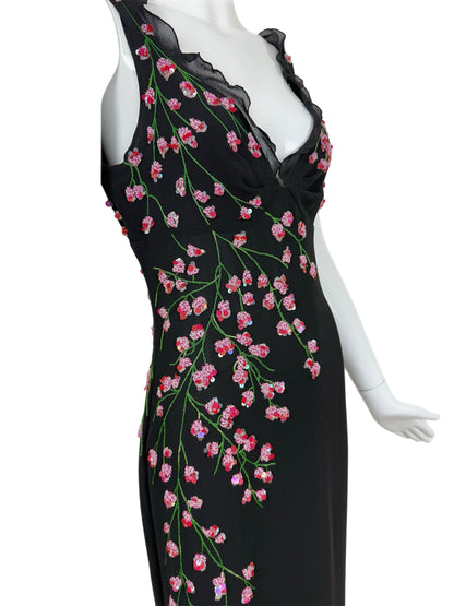 VALENTINO BOUTIQUE 90's Vintage Floral Beaded Black Silk Gown