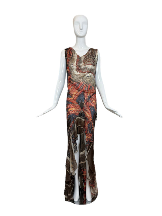 ROBERTO CAVALLI 2004 Vintage Silk Ruffle Charm Long Gown w. Slit