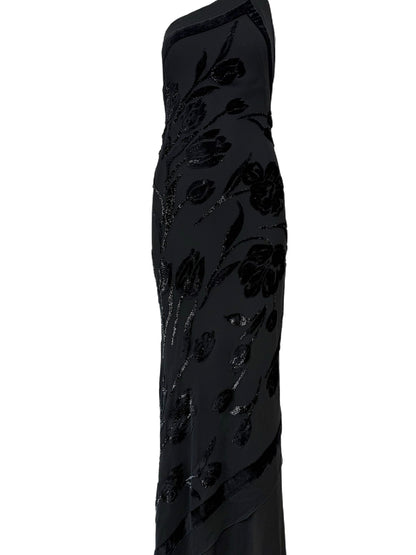 PAMELA DENNIS Vintage Black Silk Asymmetrical Evening Gown