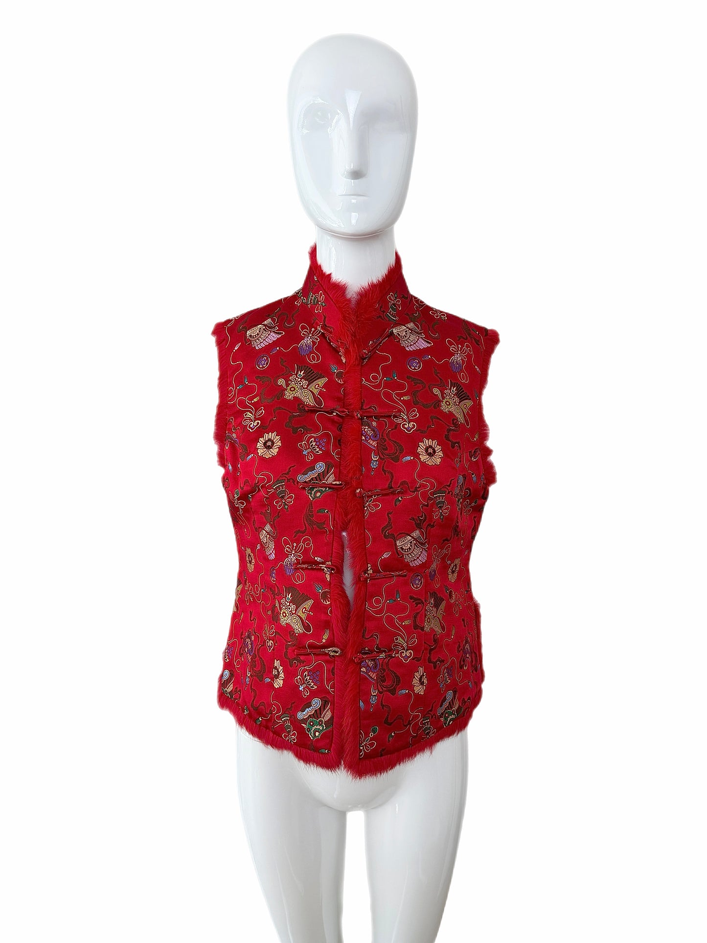 ADRIENNE LANDAU Vintage Red Chinoiserie Fur Trimmed Lightweight Vest