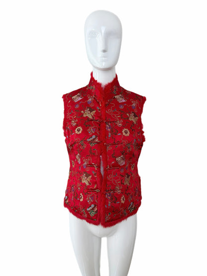 ADRIENNE LANDAU Vintage Red Chinoiserie Fur Trimmed Lightweight Vest