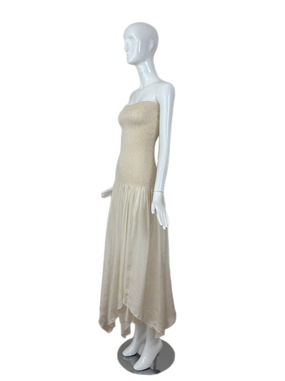 DONNA KARAN 90's Vintage Ivory Silk Smocked Long Strapless Dress
