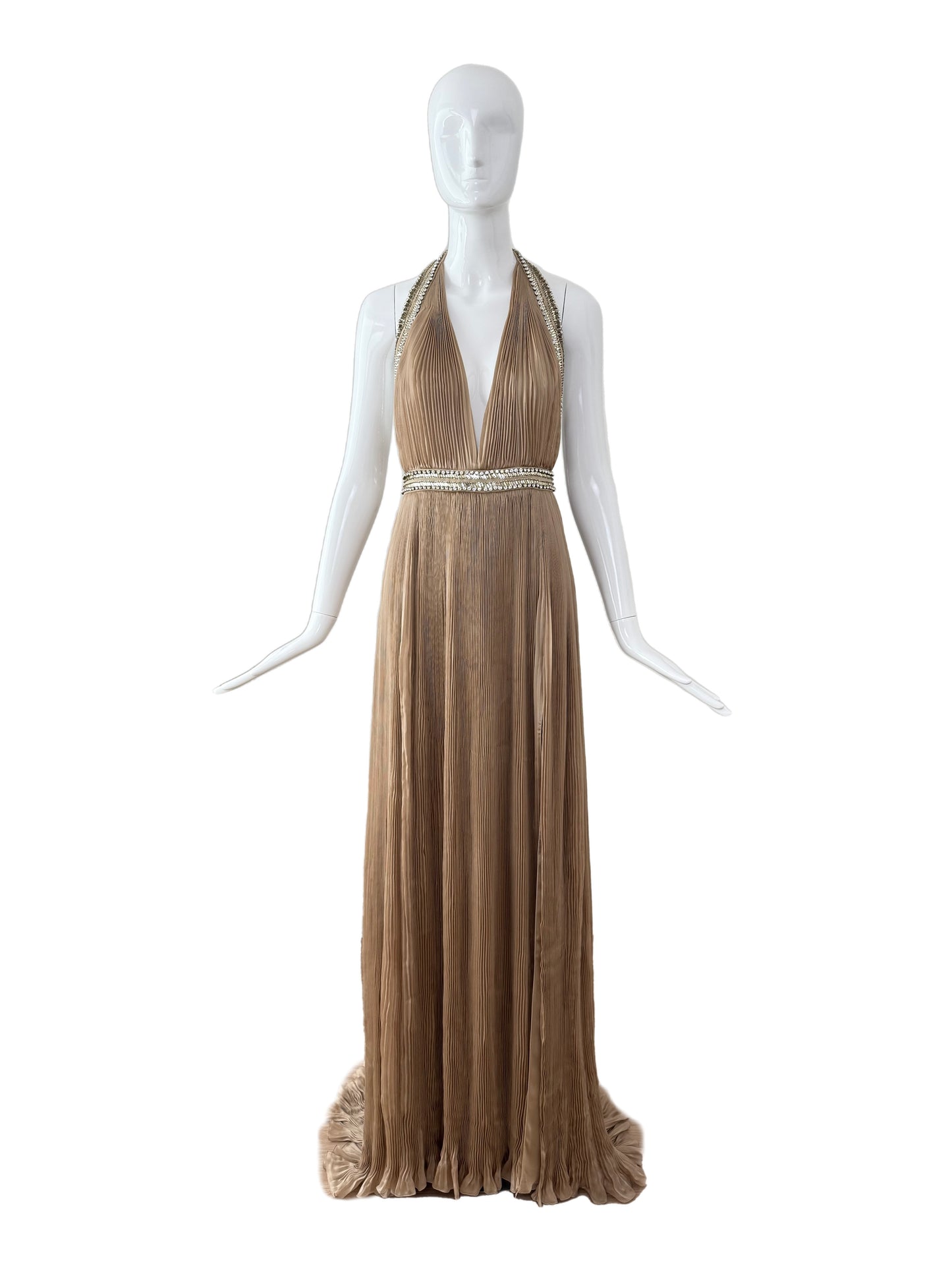 ROBERTO CAVALLI 2000's Vintage Taupe Plissé Grecian Embellished Evening Gown