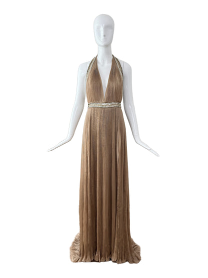 ROBERTO CAVALLI 2000's Vintage Taupe Plissé Grecian Embellished Evening Gown