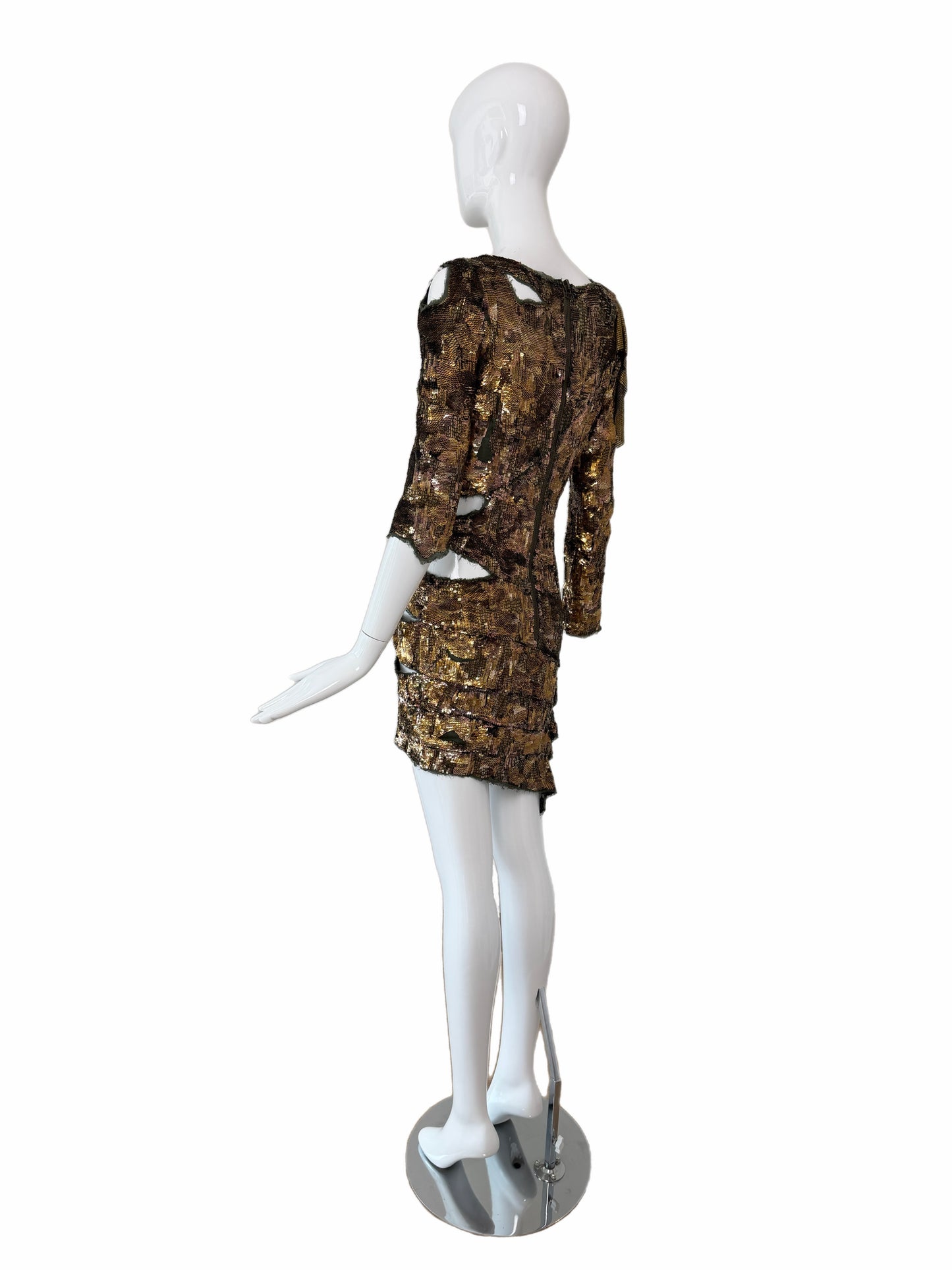 BALMAIN 2010 Vintage Runway Bronze Sequin Distressed Dress