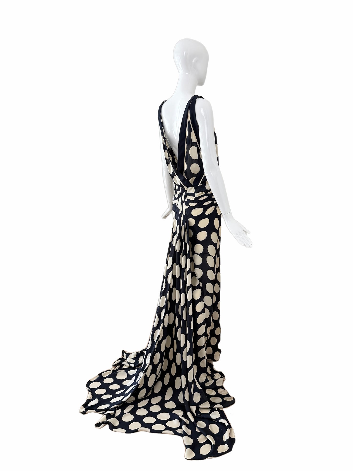 DONNA KARAN 2003 Vintage Runway Silk Midnight Blue +Ivory Polka Dot Gown