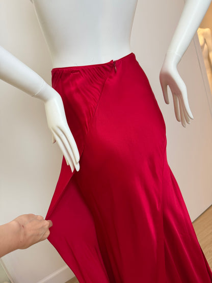 ROBERT DANES Red Liquid Silk Layered Bias Cut Maxi Skirt