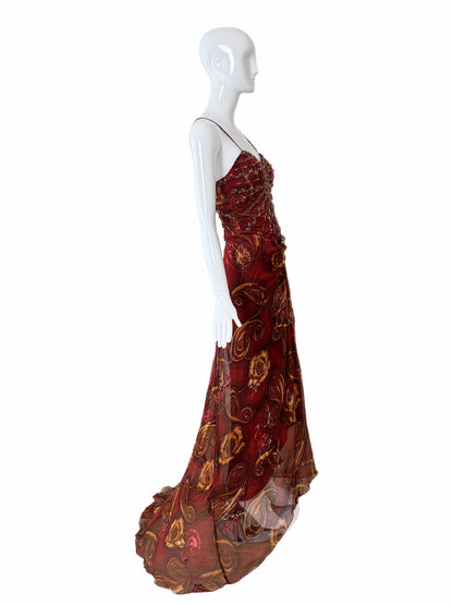 SUE WONG Vintage Silk Burgundy Embellished Evening Gown w. Train