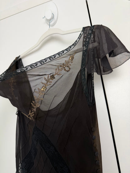 JOHN GALLIANO 2006 Vintage Runway Silk Bias Cut Metal + Lace Embellished Evening Gown