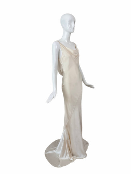 LES HABITUDES Vintage Ivory Silk Wedding Dress w. Open Cowl Lace Back