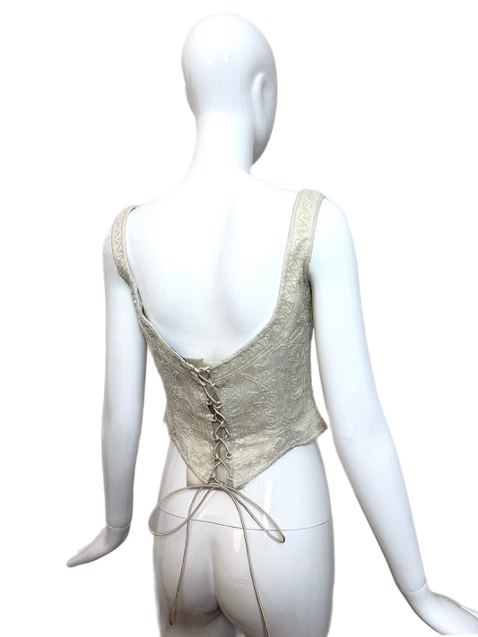 LES HABITUDES 90's Vintage Ivory Silk Hard Boned Corset w. Iridescent Glass Beads