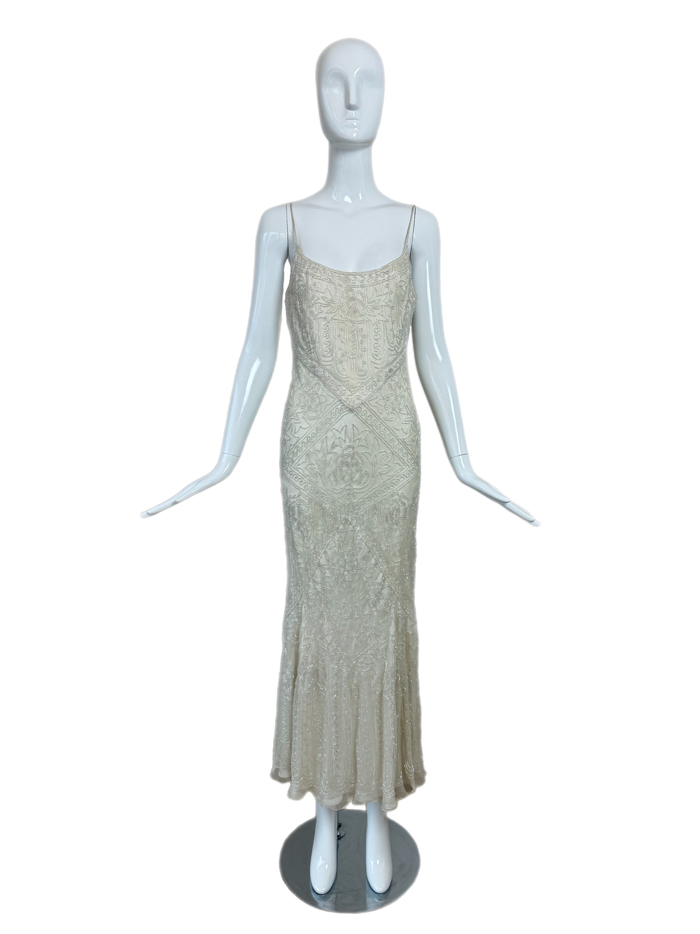 LES HABITUDES 90's Vintage Couture Ivory White Silk Beaded Dress w. Shawl
