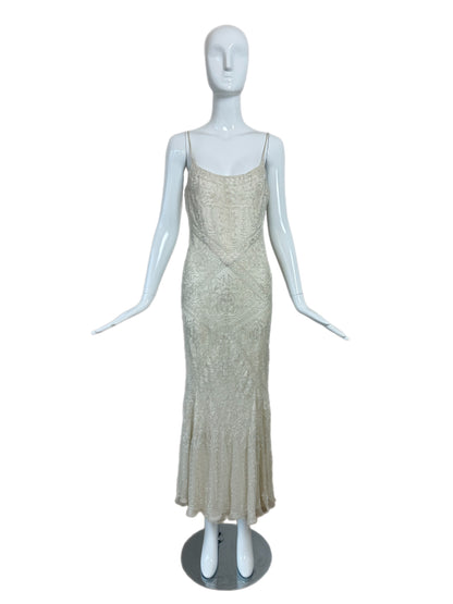 LES HABITUDES 90's Vintage Couture Ivory White Silk Beaded Dress w. Shawl