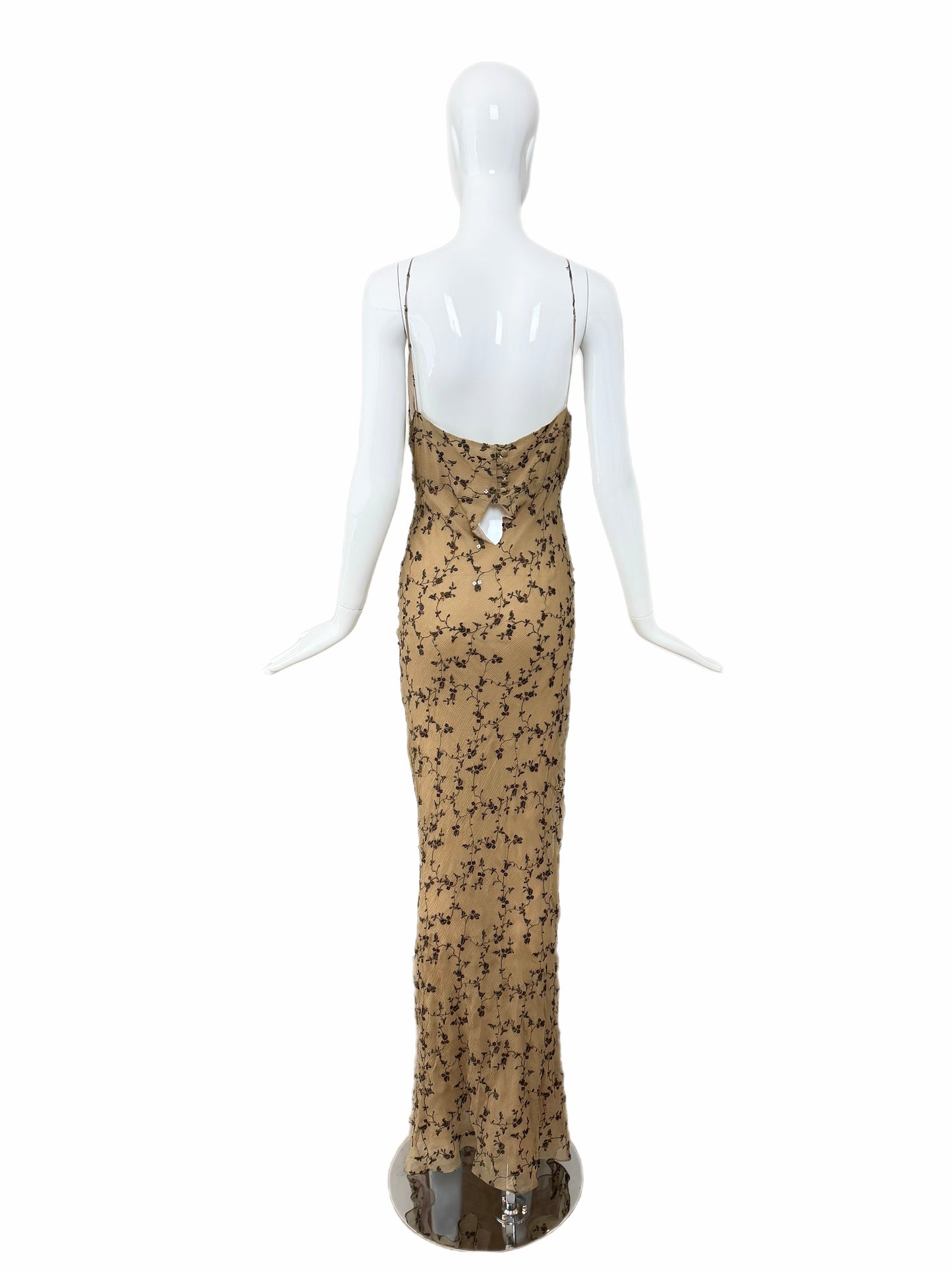 MARIA GRACHVOGEL Vintage Silk Tan Floral Embroidered Sequin Slip Gown