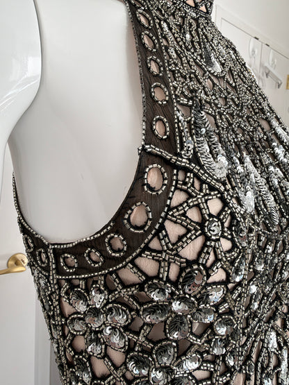 Eavis & Brown Vintage Hand-Beaded Silk Silver Embellished Skirt Set