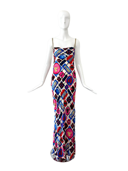 ICEBERG 2001 Vintage Runway 100% Silk Crystal Strap Backless Gown
