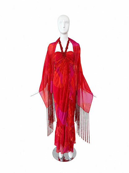 ICEBERG 2006 Vintage Runway Silk Embellished Ruffle Gown + Shawl