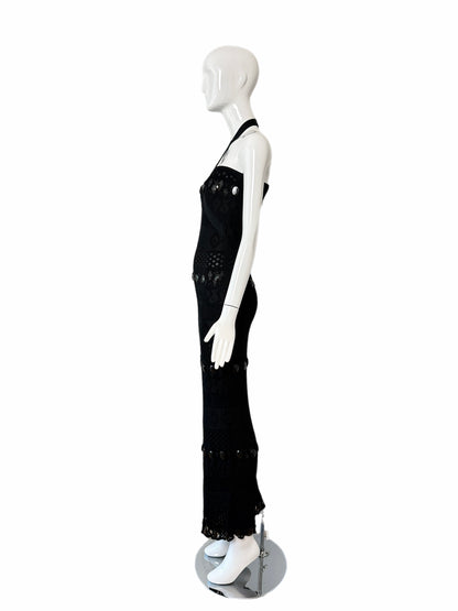 HERVE LEGER 90's Vintage Black Crystal Halter Wiggle Maxi Dress