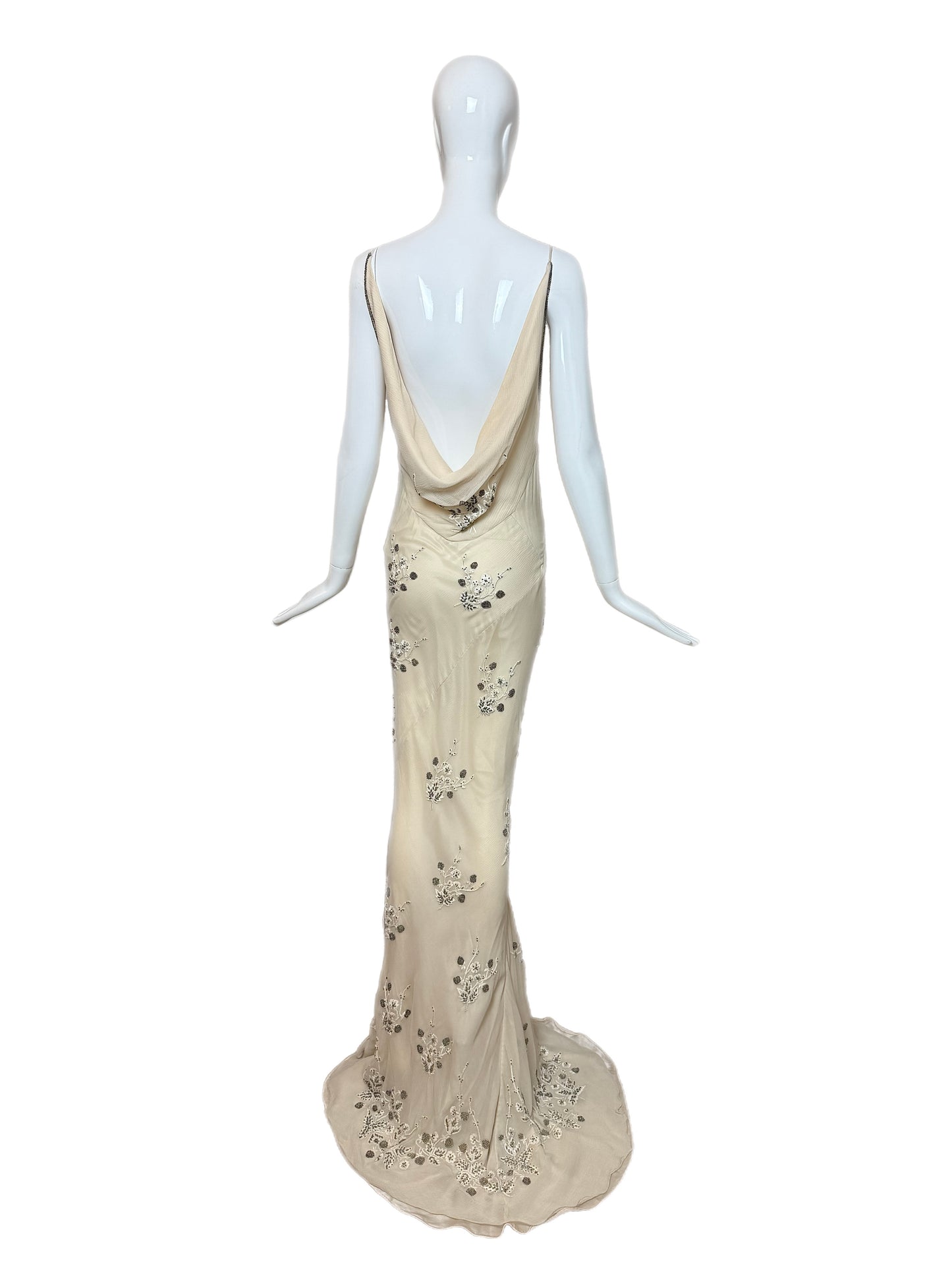 90's Vintage Couture Silk Hand Embroidered Beaded Cowl Back Evening Gown