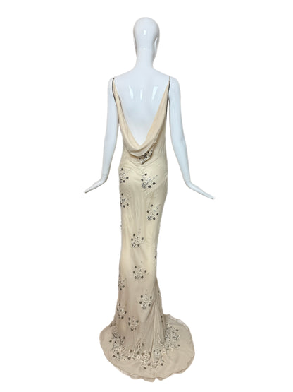 90's Vintage Couture Silk Hand Embroidered Beaded Cowl Back Evening Gown