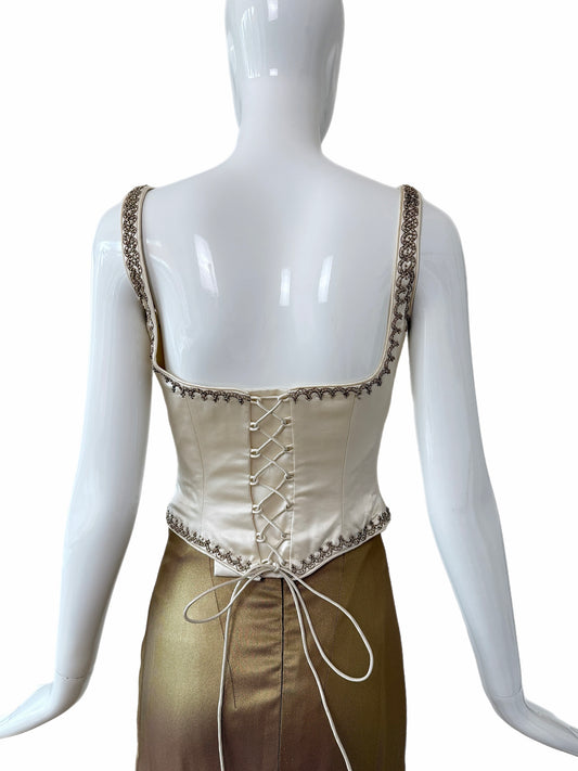 EAVIS & BROWN 90's Vintage Ivory Silk Hard Boned Hand Beaded Corset