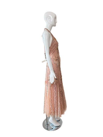 SUE WONG 2000's Vintage Peachy Pink Lace Embellished Maxi Dress