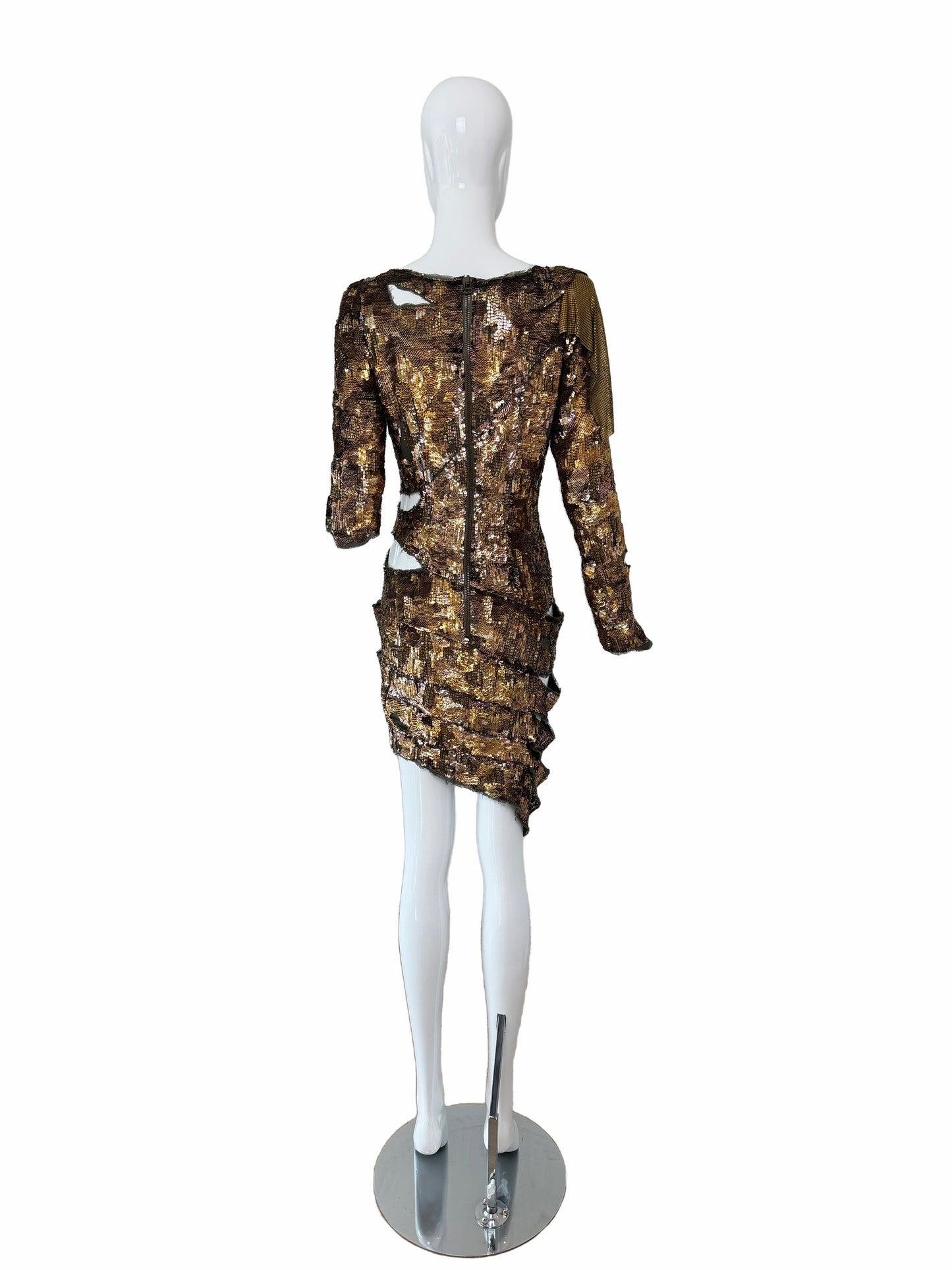 BALMAIN 2010 Vintage Runway Bronze Sequin Distressed Dress