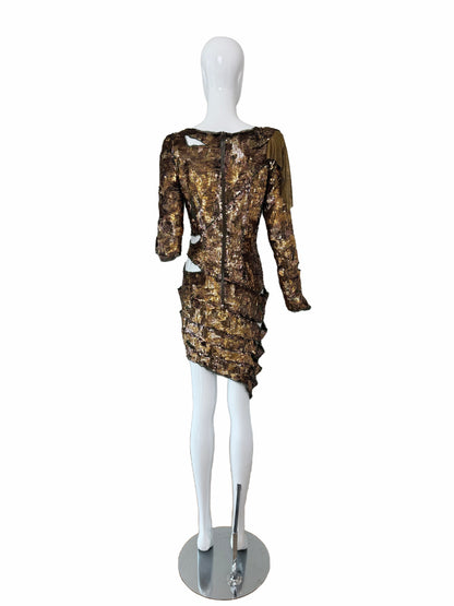 BALMAIN 2010 Vintage Runway Bronze Sequin Distressed Dress